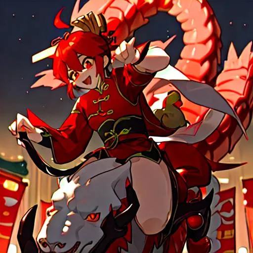 Prompt: a china dragon at a new years celebration in Hon Kong with a happily surprised red haired girl riding on his back 