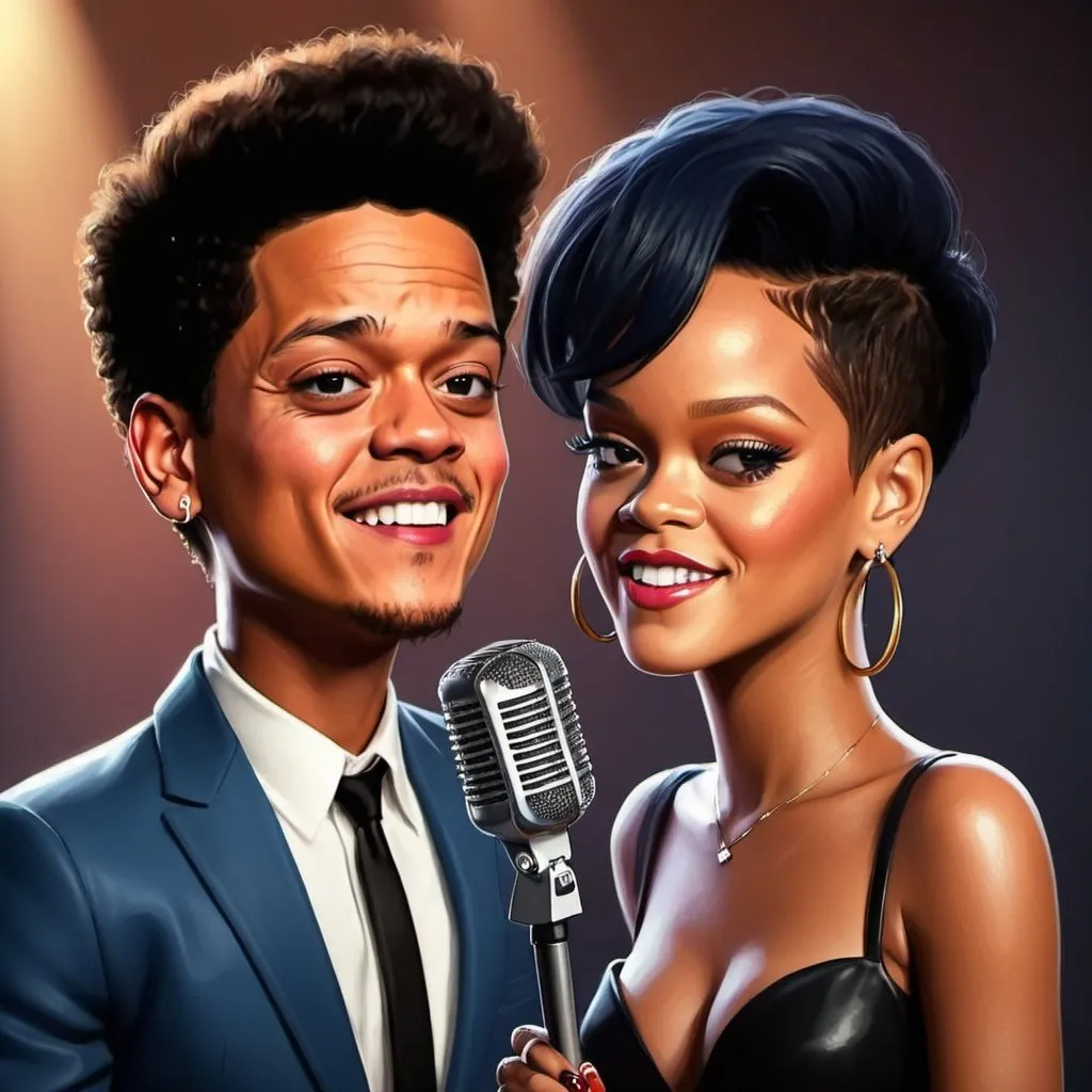 Prompt: Make a Portrait of rihanna and bruno mars singing a duet in a pixar art style