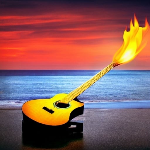 Prompt: guitar floating in the air with flaming heart and ocean in background