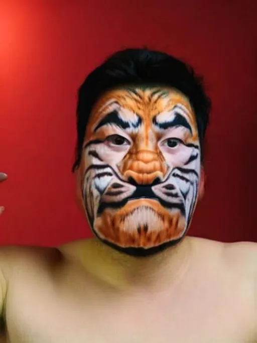 Prompt: Photo of a  MAN putting on a realistic plush tiger mask. She grows plush tiger fur on her body and her hands.