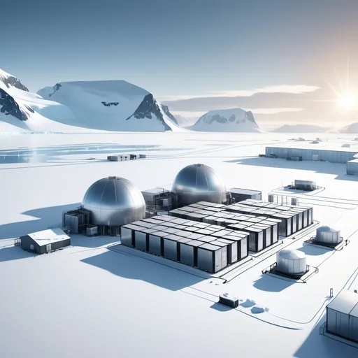 Prompt: Depict several AI data centers located in the snowy and icy landscape of Antarctica. The data centers have smooth metallic surfaces with large glass windows reflecting the polar sun. Nearby, a small modular nuclear reactor, designed in a modern style with characteristic cooling towers, powers the facilities. A few meters away from the buildings, a flock of penguins grazes, exploring the environment. high resolution, 4k, photo-realism.