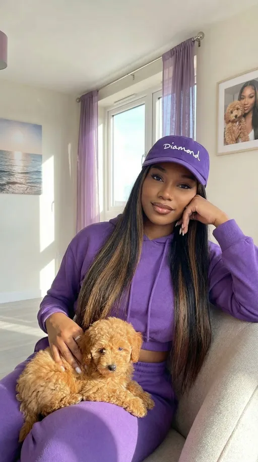 Prompt: this is a photograph of a young woman. This photograph captures a confident African American woman She has a light subtle confident soft grin. she has a nose ring silver diamond . Lips look full and natural with brown and pink tinted lip gloss. She has long, straight, Black and brown hombre hair hanging down a little past her shoulders.  Her skin is a rich, smooth brown tone. Her eyebrows are well-groom. She is sitting in a sunlit living room with large windows covered by purple sheer  curtains. She is wearing a purple long sleeve  hooded sweatshirt top that reveals her midriff and matching sweat pants .  She has a matching hat that reads Diamond in White letters. Her left hand resting on dog,  while her right arm rests on her face. A small, fluffy golden brown toy poodle puppy.  is lying comfortably on her chest,  The room has a minimalist design with light-colored walls and  there is a big picture of the ocean with the sun beaming down on the sand. There is another picture of her and the poodle on wall. The overall mood is casual and affectionate.