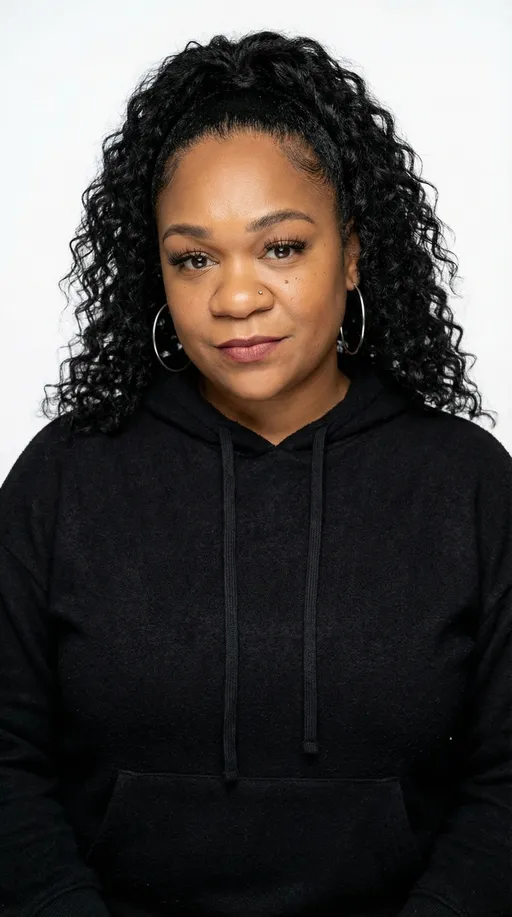 Prompt: This is a photograph of a young Black woman with a warm, slightly darker skin tone, a plain white background. She has a round face with full cheeks and a slightly rounded jawline. Her black, curly hair is styled in a high ponytail that falls around her shoulders. She has long close together dark lashes. She has well-defined eyebrows, brown eyes, and is wearing a subtle, natural makeup look with a hint of eyeliner and a light burgundy lip color. She has a small, silver nose ring in left nostril and is wearing large, silver hoop earrings. She is dressed in a black hoodie with a front pocket and drawstrings. The texture of the hoodie appears soft and slightly fuzzy. Her expression is calm and slightly smiling, giving off a sense of confidence and approachability. The photograph is well-lit, with even lighting that highlights her facial features and the texture of her hair and clothing. The overall style of the photograph is straightforward and portrait-oriented, 