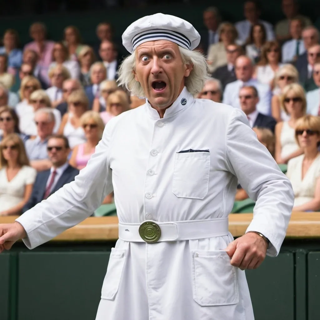 Prompt: A silly man from the future that teleported to the Wimbledon tennis game stands