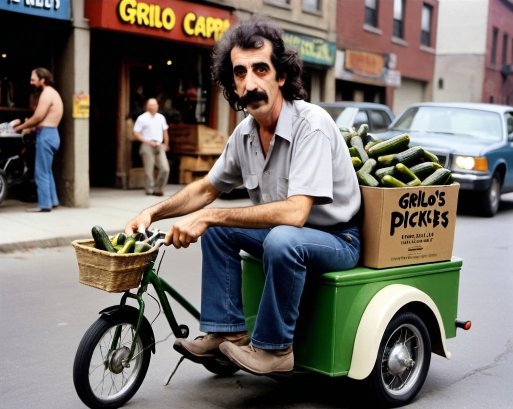 Prompt: Frank Zappa juggling Grillo's pickles on an electric tricycle 