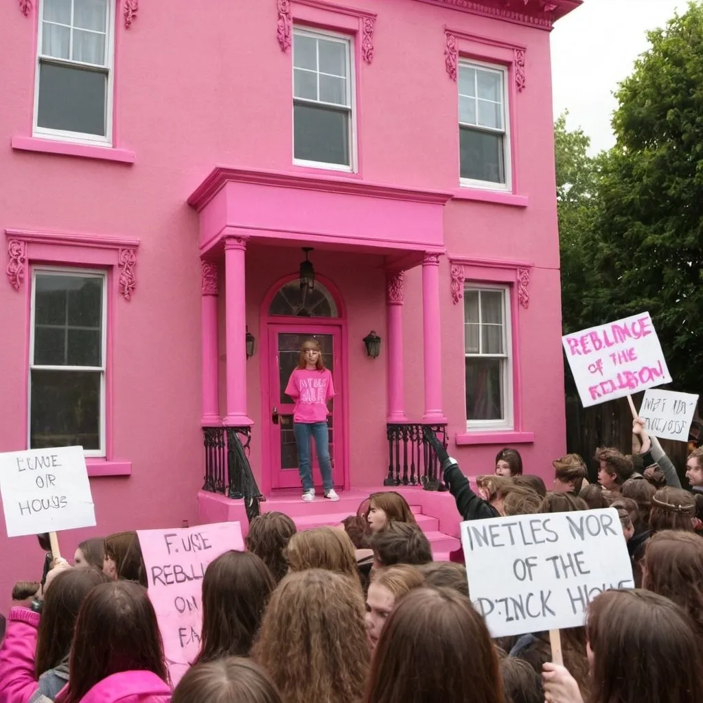 Prompt: a teenage rebellion protest outside the pink house