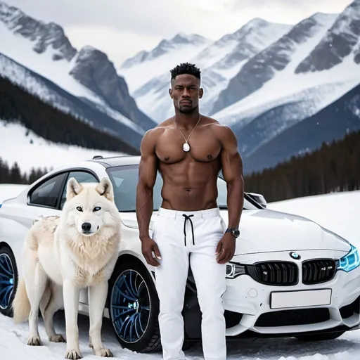Prompt: make a picture of a strong black man with no shirt wearing a white fur pants in the snowy mountains holding a white wolf and next to him is a white bmw m4 with blue headlights