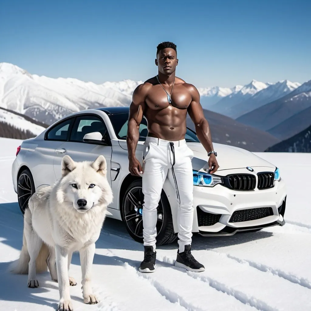 Prompt: make a picture of a strong black man with no shirt wearing a white fur pants in the snowy mountains holding a white wolf on a leash and next to him is a white bmw m4 with blue headlights