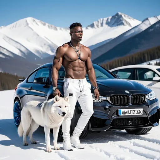 Prompt: make a picture of a strong black man with no shirt wearing a white fur pants in the snowy mountains WITH a white wolf on a LEASH and next to him is a white bmw m4 with blue headlights