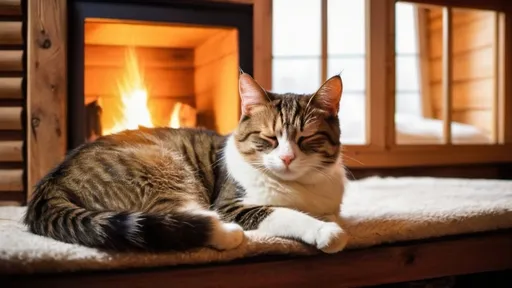 Prompt: sleeping cat, wooden cabin room, warm atmosph, fireplace as a background