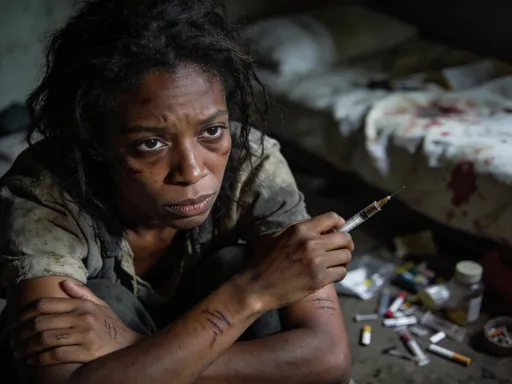 Prompt: hyper realistic black woman strung out on drugs.