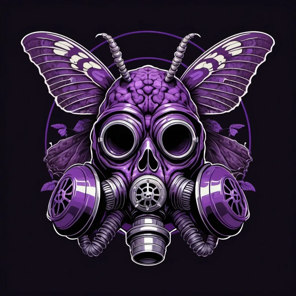 Prompt: Death Head Moth with a Skull in a gasmask as the body of the moth in purple and black color for a logo design