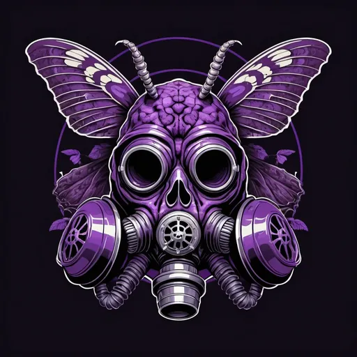 Prompt: Death Head Moth with a Skull in a gasmask as the body of the moth in purple and black color for a logo design