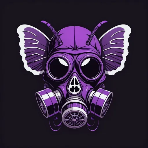 Prompt: Moth with a skull in a gasmask as the body in a simplistic art style in purple and black for a gaming logo
