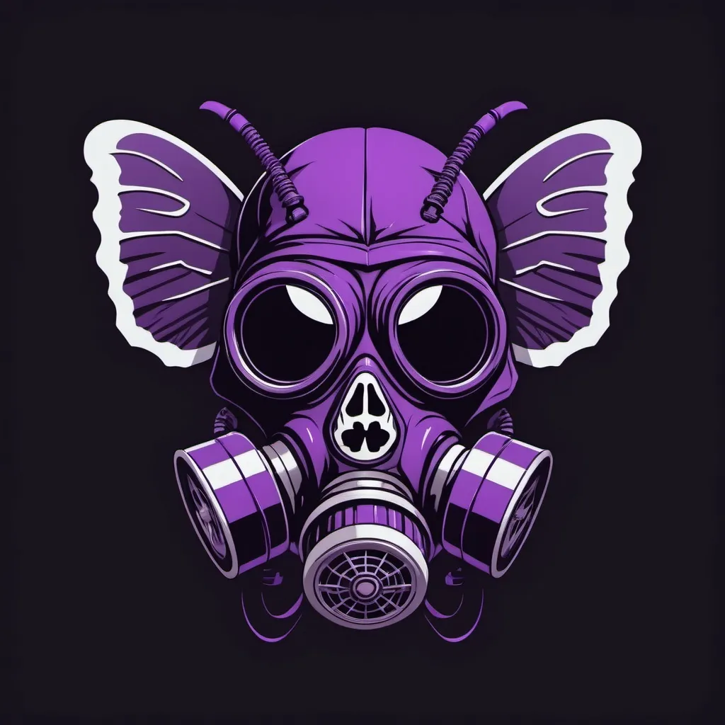 Prompt: Moth with a skull in a gasmask as the body in a simplistic art style in purple and black for a gaming logo
