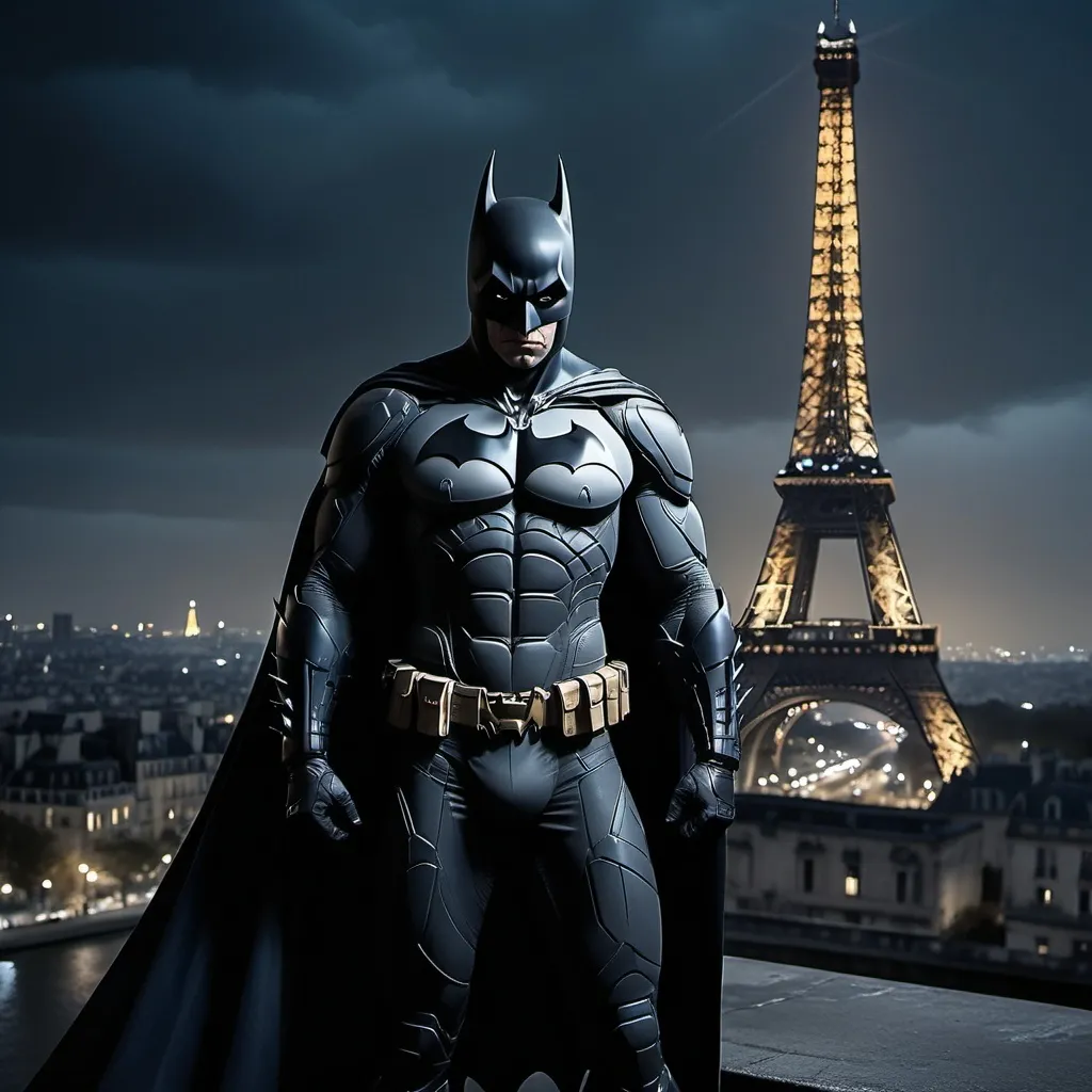 Prompt: (batman), (Eiffel Tower in the background), dramatic and high-contrast lighting, moody atmosphere, dark color tones with deep blues and blacks, Gotham-inspired environment, intricate details in costume design, dynamic pose showcasing strength and agility, urban setting with nighttime ambiance, high resolution, 4K, ultra-detailed, cinematic quality.