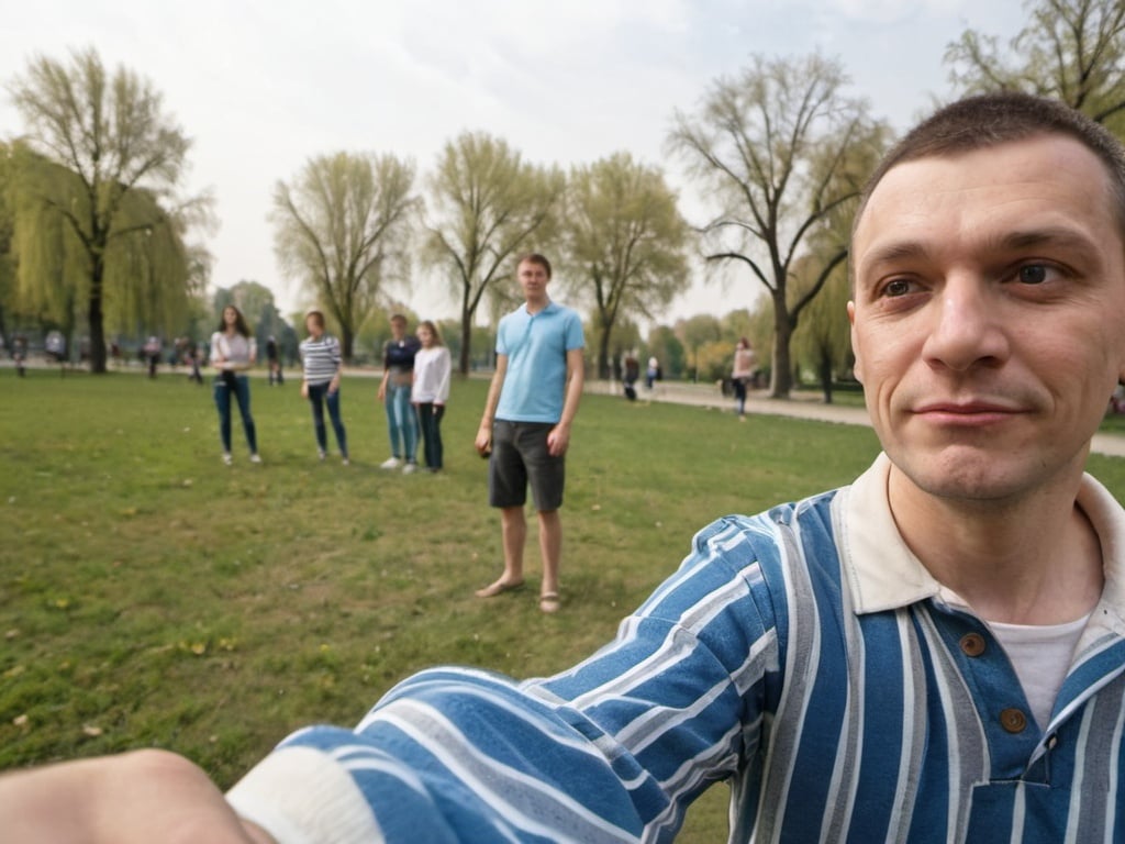 Prompt: a man in a blue and white striped shirt is holding a frisbee in a park with other people, Boleslaw Cybis, danube school, wide angle lens, a photo