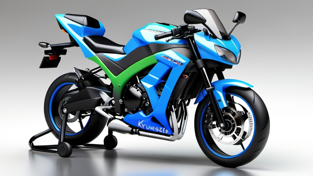 Prompt: 3d Render the realistic image of (  2025 model Kawasaki bike ) with modification, good looking, bright blue color"   All Mix  " packed inside a Showroom, reflecting floor bike