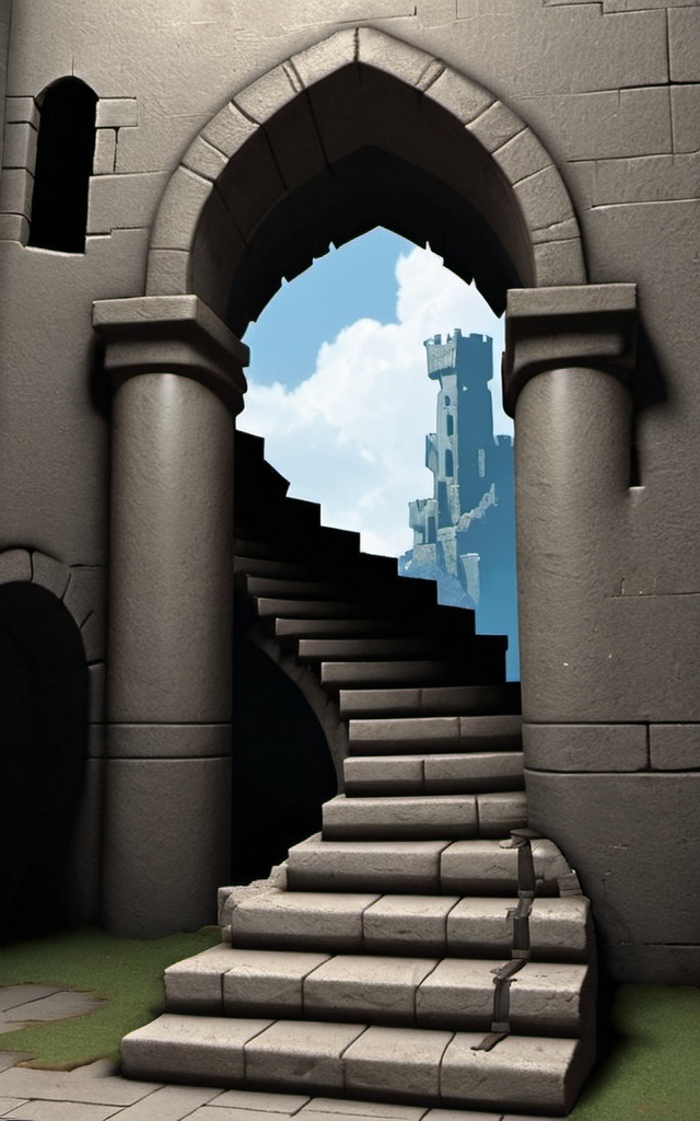 Prompt: generate a background with a staircase running out of the dungeons and opening up to and open clear sky. There should be only three big steps.
