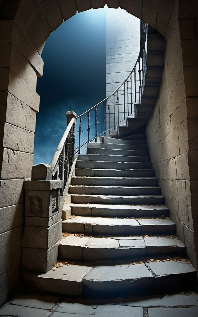 Prompt: generate a background with a staircase running out of the dungeons and opening up to and open clear sky. There should be only three big steps.
