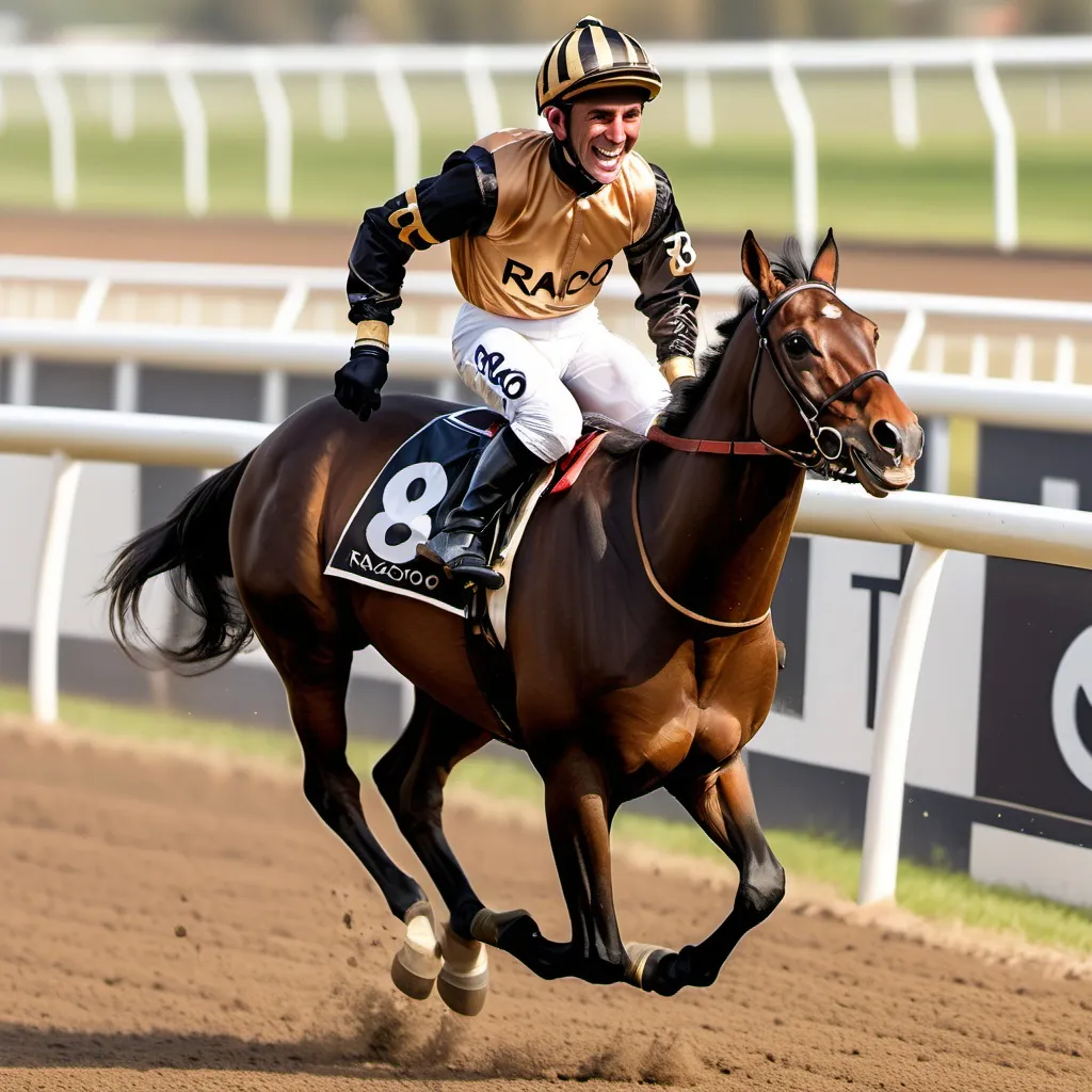 Prompt: A Real racehorse is running towards me. The jockey is smiling as he has just won the race. He is wearing silks coloured Black, Bronze and Gold. He has the word "Razoo" on his shirt.