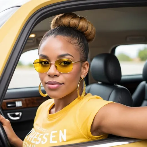 Prompt: A beautiful african american woman with hair is up in a bun. She has long eyelashes with a soft engaging look. Her manicured nails are painted with a sparkle design. She is wearing a yellow t-shirt that reads “Chosen For Greatness”spelled correctly with white lettering. She is wearing gold hoop earrings and aviator sunglasses with yellow lenses. Seated inside her vehicle with black interior.