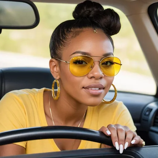 Prompt: A beautiful african american woman with hair is up in a bun. She has long eyelashes with a soft engaging look. Her manicured nails are painted with a sparkle design. She is wearing a yellow t-shirt that reads “Chosen For Greatness”spelled correctly with white lettering. She is wearing gold hoop earrings and aviator sunglasses with yellow lenses. Seated inside her vehicle with black interior.