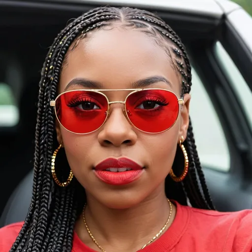 Prompt: A beautiful african american woman with hair in long box braids framing her face perfectly. Long eyelashes with a soft engaging look. Her manicured nails are painted with a sparkle design.  She is wearing a red t-shirt that reads “Chosen For Greatness”spelled correctly with white lettering. She is wearing gold hoop earrings and aviator sunglasses with red lenses. Seated inside her vehicle with black interior. 