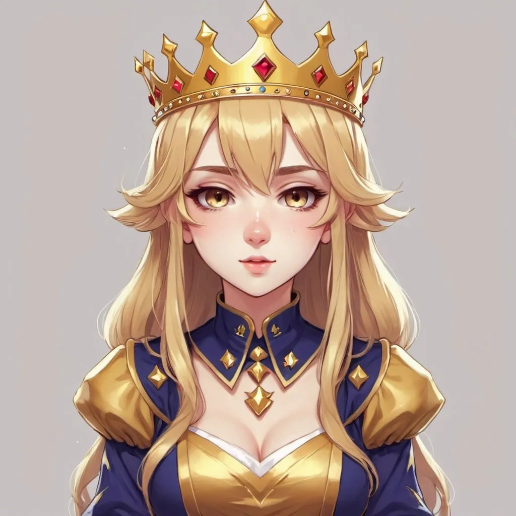 Prompt: gamer girl, queen, golden crown, cute, anime, simple art, 
