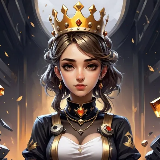 Prompt: gamer girl, queen, golden crown, cute, anime, simple art, 
