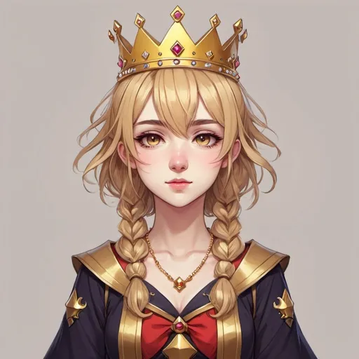 Prompt: gamer girl, queen, golden crown, cute, anime, simple art, 
