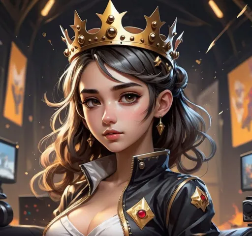 Prompt: gamer girl, queen, golden crown, cute, anime, simple art, 
