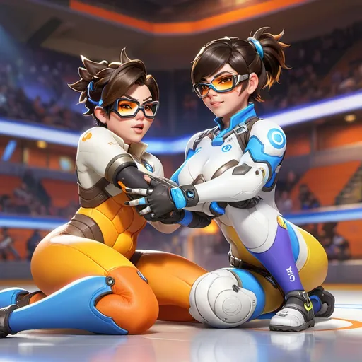 Prompt: Overwatch Mei and Tracer wrestling in the arena