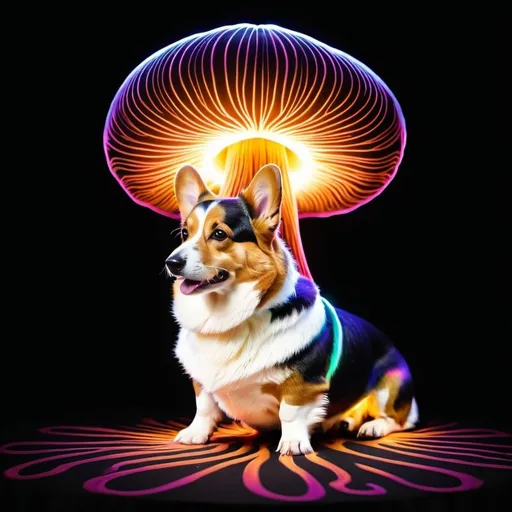 Prompt: Corgi rottwiler shaped light painting black backdrop, elegant line design, psychedelic, mushroom