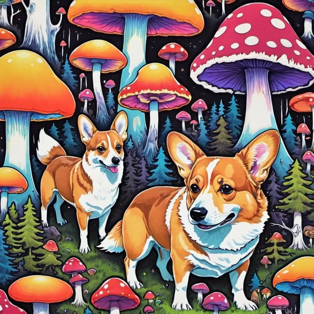 Prompt: psychedelic print, melting, mushrooms, corgi, rottwiler, deer, crows, trees