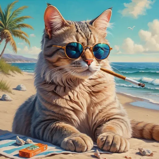 Prompt: Realistic cat on the beach wearing sunglasses smoking a joint, whimsical, high quality, oil painting, surreal, vibrant color palette, relaxed posture, detailed fur, beach setting, realistic lighting, surreal, professional, vibrant colors, beach relaxation, detailed artwork, unique style, highres, atmospheric lighting