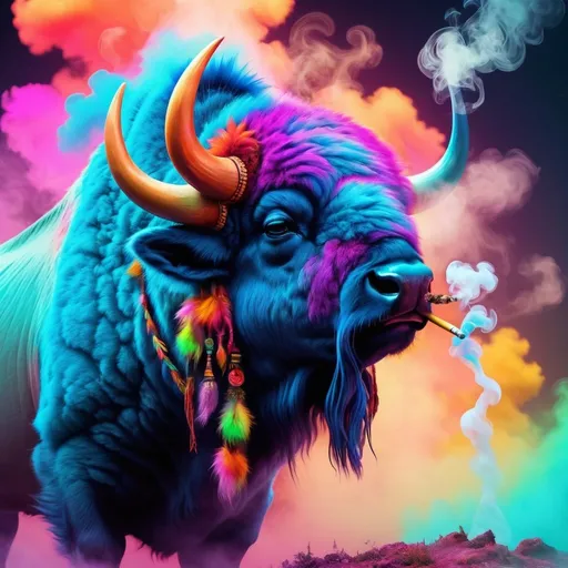 Prompt: Buffalo smoking weed, digital illustration, hazy smoke enveloping the scene, high quality, vibrant and psychedelic, surreal, surrealistic, colorful lighting, detailed fur and horn textures, trippy, fantasy, magical, colorful, vibrant, dreamy atmosphere