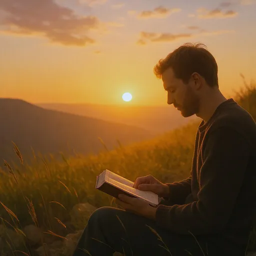 Prompt: A peaceful image of a sunrise of someone reading the Bible