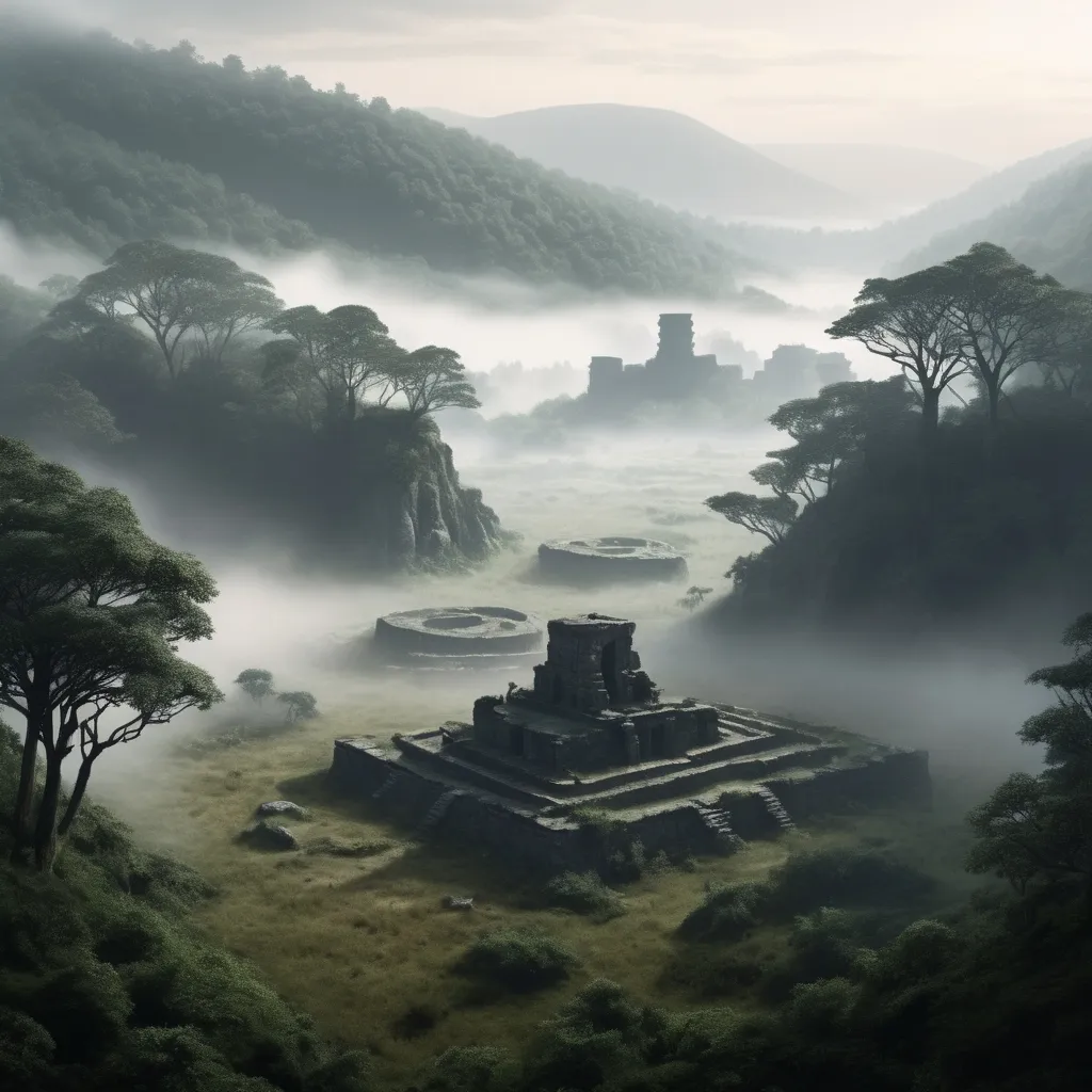 Prompt: A tranquil valley, with mist floating over the ground, and small groups of trees. In the background, a dense, dark forest. Some ancient ruins from an unknown culture srand in the valley and on the hilltops.