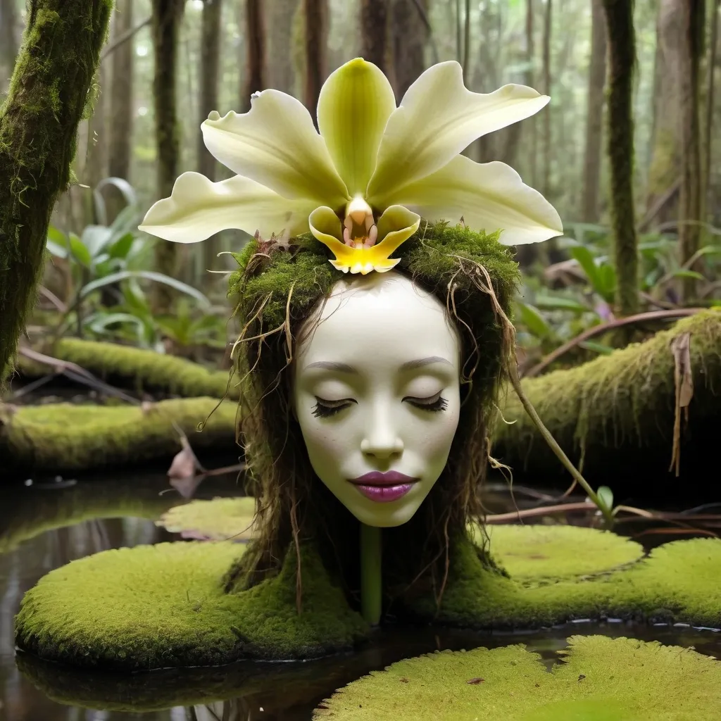 Prompt: An orchid, shaped like a woman's face, in a swampy, mossy forest