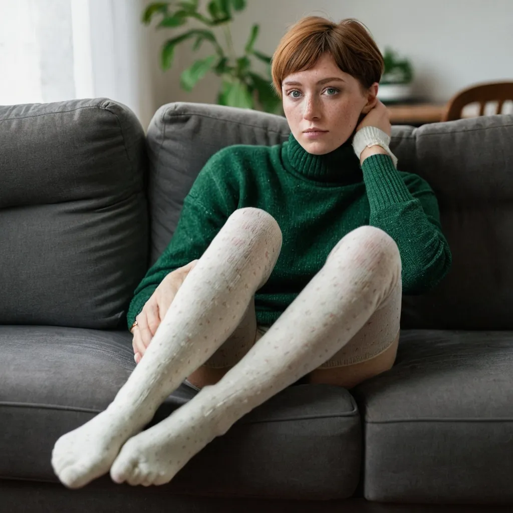 Prompt: A very short-haired, freckled, green-eyed woman in a soft, tight-fitting turtleneck sweater and soft thigh-high socks lying on a couch with her feet on the back of the couch