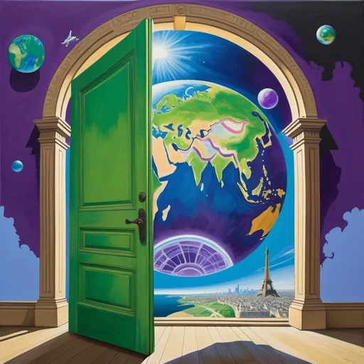 Prompt: the door 
The Earth: In the left corner of the painting, an image of the Earth with continents colored green and oceans colored blue, representing a vast and lively world.

Architectural Landmarks: To the right of the Earth, there are prominent structures such as the Eiffel Tower and tall buildings in purple and blue, symbolizing human progress and achievement.

Airplane: In the sky above, there is a large airplane in white and blue flying across, symbolizing exploration and technological advancement.

Books and Diplomas: In the lower part of the painting, towards the foreground, there are images of stacked books and a diploma, representing learning, knowledge, and the efforts that have been achieved.

Flames and Sharp Thorns: In the bottom corner, there are images of flames in red, yellow, and orange, along with sharp thorns, symbolizing the difficulties and challenges people must overcome to reach their dreams.
people need to go through to come to their deam

The overall composition of the painting will depict a journey from challenges and hardships (represented by flames and thorns) to success and development (represented by the architectural structures, airplane, and symbols of knowledge). The feeling of the painting is one of rising from challenges to reach dreams and hope.