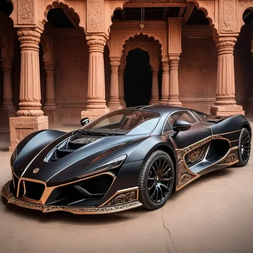 Prompt: ancient  black supercar made by Indian sadhus using ancient wisdom , also create hyperdetailed view of engine made by Indian sadhus