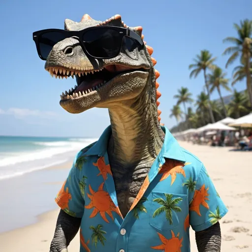 Prompt: a dinosaur with black sun glasses and beach shirt at a beach