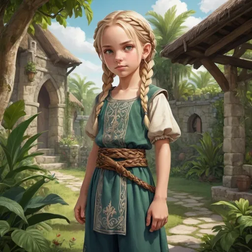 Prompt: Full body, Fantasy illustration of a nine year old girl, squinting gaze, medieval clothing, cute, blond braids, rpg-fantasy, squint eyes,high quality, rpg-fantasy, detailed, tropical garden in the background