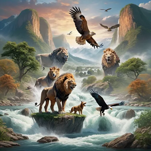 Prompt: QUIERO UNA IMAGEN HIPEREALISTA EN LA QUE UN LEON,UN ELEFANTE,UN AGUILA Y UN LOBO ESTAN JUNTOS EN UNA PEQUENA ISLA QUE SE ENCUENTRA EN MEDIO DE LA CORRIENTE DE UN RIO QUE VIENE DE LAS MONTANAS
