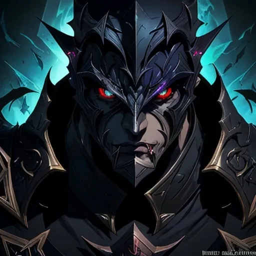 Prompt: League of Legends summoner icon with a border, vampire , darkin mask,  male, digital illustration, high quality, detailed, realistic, professional, vibrant colors, comic book style, strong and imposing, menacing expression, sharp features, detailed armor, intricate border, intense lighting, atmospheric background, dynamic pose