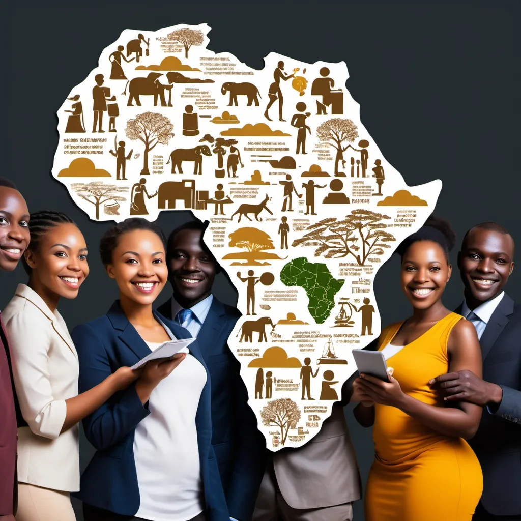 Prompt: Here is the image depicting a diverse group of African people holding a symbolic map of Africa, representing innovation, technology. It showcases multicultural unity and prosperity, aligning with the themes of growth and sustainability. Let me know if you'd like any adjustments or additional details!