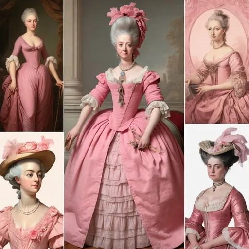 Prompt: A historical collage showing pink in different eras—an ancient Greek depiction of a rosy dawn, an 18th-century portrait of Marie Antoinette in a pink dress, and Victorian-era illustrations featuring pink attire.