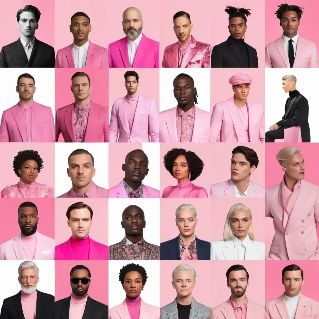 Prompt:  A collage of diverse individuals confidently wearing pink, including men and gender-neutral fashion statements. Highlight celebrities who are known for breaking pink stereotypes.